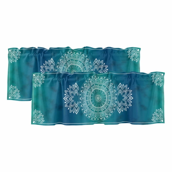 Valances for Windows, Teal Blue Boho Kitchen Curtains Valances 2 Pack for Living Room Bedroom Bathroom, Retro White Rustic Flower Ethnic Pattern Light Filtering Curtains Rod Pocket Valance 42"x12"