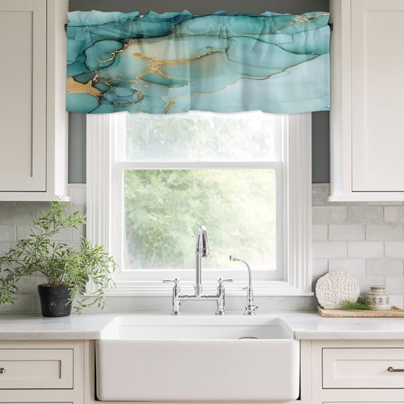 Valances for Windows,Teal Gradient Marble Gold Foil Kitchen Curtain Valance Short Rod Pocket Panels Abstract Ink Art Small Window Treatment for Living Room Bedroom Bathroom,42"Wx12"L