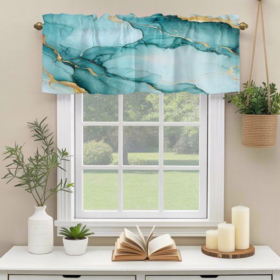 Valances for Windows,Teal Marble Gold Foil Kitchen Curtain Valance Short Rod Pocket Panels Gradient Ink Abstract Art Small Window Treatment for Living Room Bedroom Bathroom,54"Wx18"L