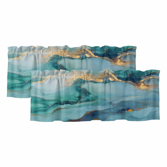 Valances for Windows, Teal Marble Kitchen Curtains Valances 2 Pack for Living Room Bedroom Bathroom, Impressionist Ink Painted Abstract Light Filtering Curtains Rod Pocket Valance 42"x12"
