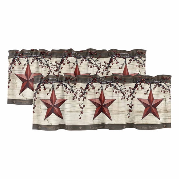 Valances for Windows, Texas Star Red Kitchen Curtains Valances 2 Pack for Living Room Bedroom Bathroom, Farmhouse Berry Wooden Vintage Light Filtering Curtains Rod Pocket Valance 42"x12"