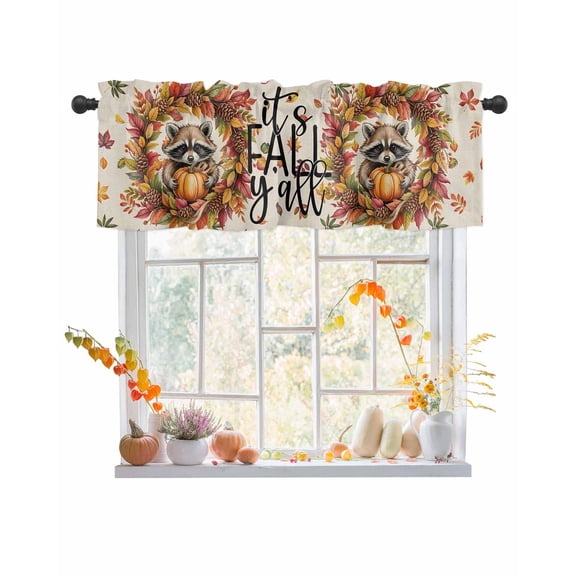 Valances for Windows, Thanksgiving Autumn Raccoon Leaves Linen Texture Rod Pocket Short Window Valance Curtains Holiday Window Treatment for Kitchen Living Room Bathroom, 54"x18"