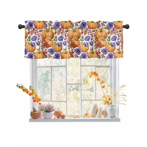 Valances for Windows, Thanksgiving Autumn Vintage Pumpkin Purple Flowers Rod Pocket Short Window Valance Curtains Holiday Window Treatment for Kitchen Living Room Bathroom, 60"x18"