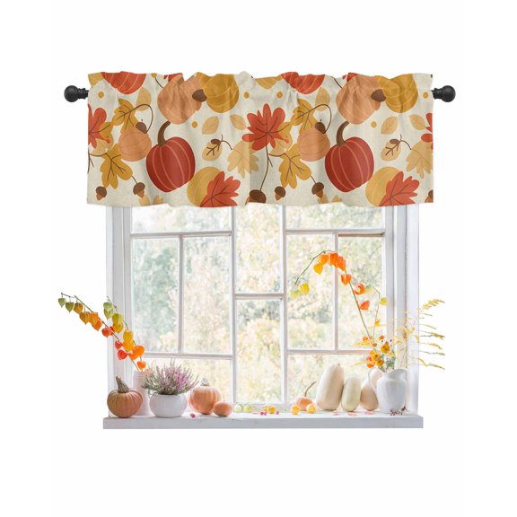 Valances for Windows, Thanksgiving Cartoon Pumpkin Maple Leaf Fall Farm Rod Pocket Short Window Valance Curtains Holiday Window Treatment for Kitchen Living Room Bathroom, 60"x18"