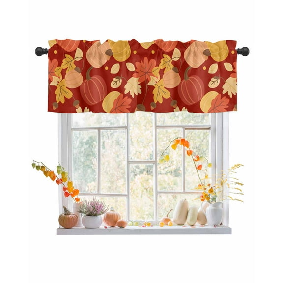 Valances for Windows, Thanksgiving Cartoon Pumpkin Maple Leaf Fall Red Orange Rod Pocket Short Window Valance Curtains Holiday Window Treatment for Kitchen Living Room Bathroom, 60"x18"