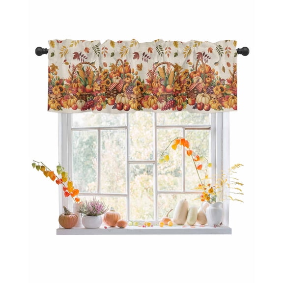 Valances for Windows, Thanksgiving Country Fall Leaves Food Linen Texture Rod Pocket Short Window Valance Curtains Holiday Window Treatment for Kitchen Living Room Bathroom, 54"x18"