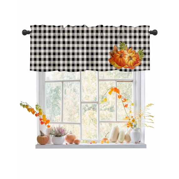 Valances for Windows Thanksgiving Fall Farmhous Pumpkin Black Buffalo Plaid Rod Pocket Cafe Window Treatments Valance Curtains for Kitchen Bathroom Laundry Basement Windows 54"x18"