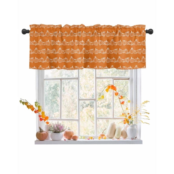 Valances for Windows, Thanksgiving Fall Line Pumpkin Orange Background Rod Pocket Short Window Valance Curtains Holiday Window Treatment for Kitchen Living Room Bathroom, 42"x12"