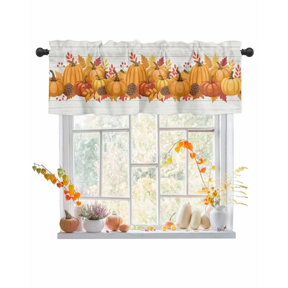 Valances for Windows, Thanksgiving Fall Maple Leaf Pumpkin White Wood Grain Rod Pocket Short Window Valance Curtains Holiday Window Treatment for Kitchen Living Room Bathroom, 42"x12"