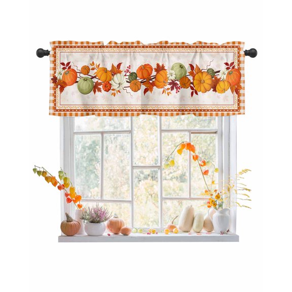 Valances for Windows Thanksgiving Fall Pumpkins Maple Plaid Border Rod Pocket Cafe Window Treatments Valance Curtains for Kitchen Bathroom Laundry Basement Windows 54"x18"
