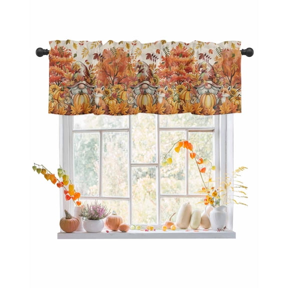Valances for Windows, Thanksgiving Gnome Fox Pumpkin Leaf Sunflower Linen Texture Rod Pocket Short Window Valance Curtains Holiday Window Treatment for Kitchen Living Room Bathroom, 54"x18"