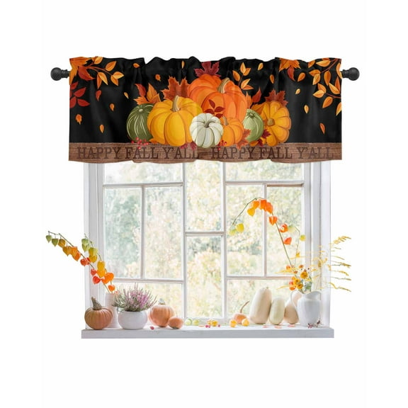 Valances for Windows Thanksgiving Happy Fall Y'all Pumpkin Maple Leaves Black Rod Pocket Cafe Window Treatments Valance Curtains for Kitchen Bathroom Laundry Basement Windows 56"x16"