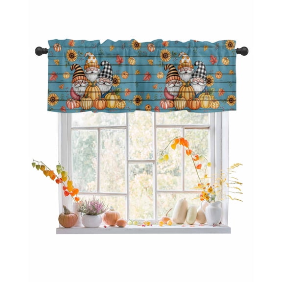 Valances for Windows, Thanksgiving Hat Gnome Fall Pumpkin Sunflower Blue Wood Grain Rod Pocket Short Window Valance Curtains Holiday Window Treatment for Kitchen Living Room Bathroom, 42"x12"