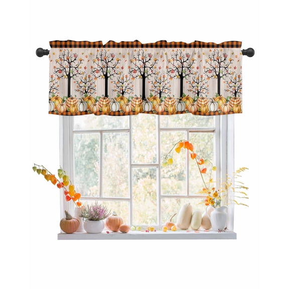 Valances for Windows, Thanksgiving Plaid Pumpkin Maple Tree Fall Retro Wood Plaid Rod Pocket Short Window Valance Curtains Holiday Window Treatment for Kitchen Living Room Bathroom, 42"x12"