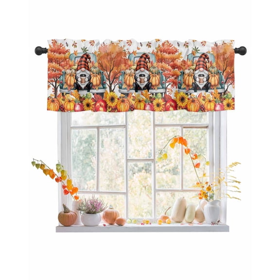 Valances for Windows, Thanksgiving Pumpkin Gnome Fall Flower Maple Leaf Rod Pocket Short Window Valance Curtains Holiday Window Treatment for Kitchen Living Room Bathroom, 42"x12"