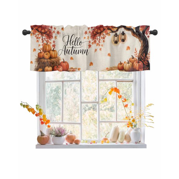 Valances for Windows, Thanksgiving Pumpkin Hello Fall Maple Leaf Pine Cones Linen Rod Pocket Short Window Valance Curtains Holiday Window Treatment for Kitchen Living Room Bathroom, 42"x18"