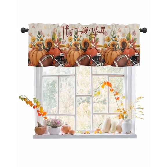 Valances for Windows, Thanksgiving Pumpkin Rugby Helmet Sunflower It's Fall Y'all Linen Rod Pocket Short Window Valance Curtains Holiday Window Treatment for Kitchen Living Room Bathroom, 42"x18"