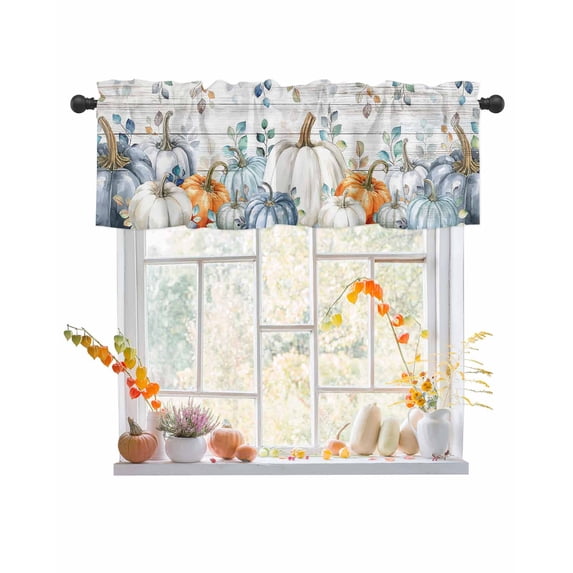 Valances for Windows, Thanksgiving Pumpkins Fall Leaves Wood Texture Rod Pocket Short Window Valance Curtains Holiday Window Treatment for Kitchen Living Room Bathroom, 60"x18"