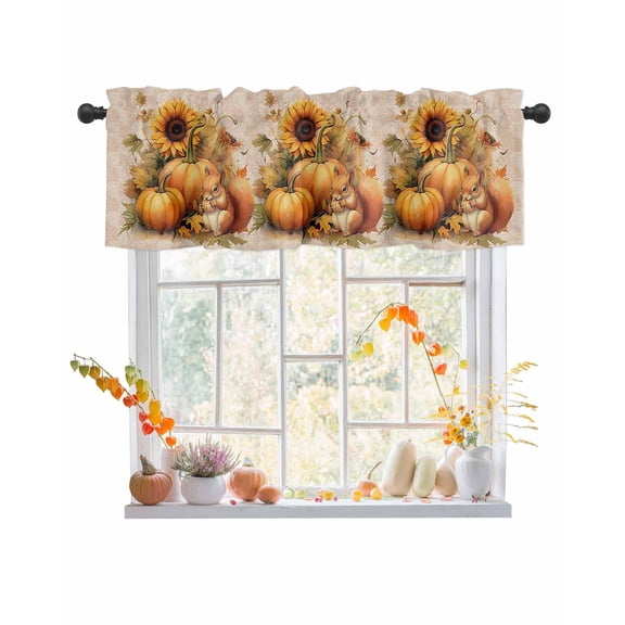 Valances for Windows, Thanksgiving Sunflowers and Pumpkin with Squirrel Beige Rod Pocket Short Window Valance Curtains Holiday Window Treatment for Kitchen Living Room Bathroom, 60"x18"