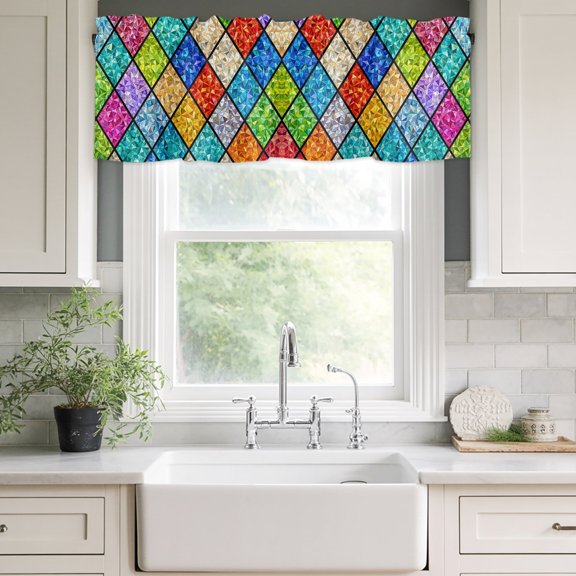 Valances for Windows,Traditional Diamond Tile Panes Kitchen Curtain Valance Short Rod Pocket Panels High-contrast Color Blocks Small Window Treatment for Living Room Bedroom Bathroom,42"Wx12"L