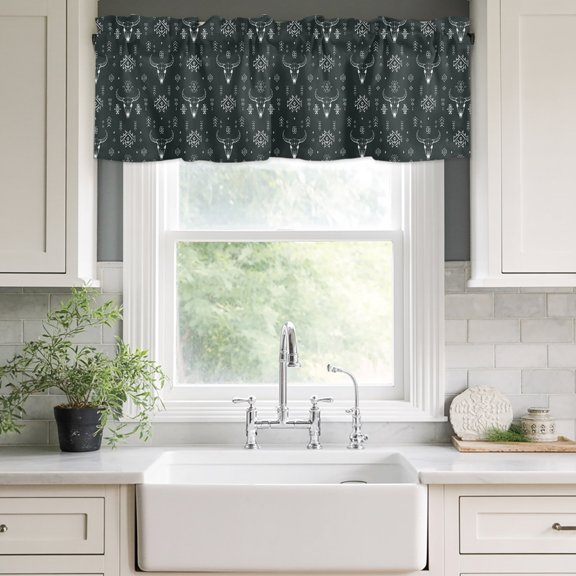 Valances for Windows,Tribal Bull Skull Arrow Dark Gray Kitchen Curtain Valance Short Rod Pocket Panels Western Geometric Pattern Small Window Treatment for Living Room Bedroom Bathroom,42"Wx12"L