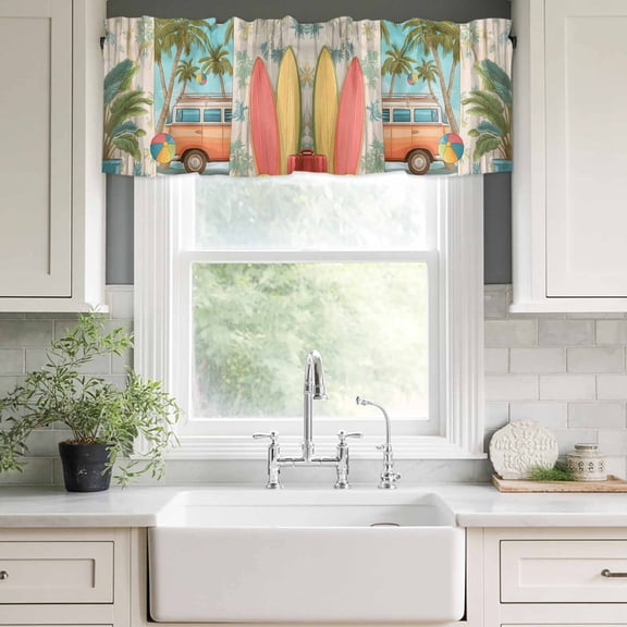 Valances for Windows,Tropical Beach Vacation Surfboard Kitchen Curtain Valance Short Rod Pocket Panels Coconut Tree Camper Van Small Window Treatment for Living Room Bedroom Bathroom,42"Wx12"L