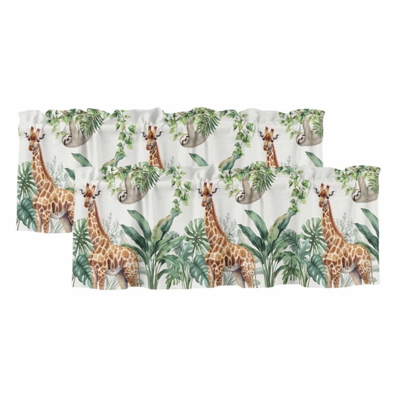 Valances for Windows, Tropical Giraffe Sloth Valance Curtains Blackout Drapes for Kitchen/Bathroom/Cafe, Watercolor Summer Palm Leaf Rod Pocket Window Toppers Valances 2 Pack Clearance 42''x12''