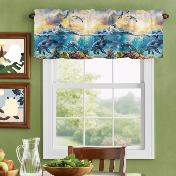 Valances for Windows,Underwater World Dolphins Seagulls Kitchen Curtain Valance Short Rod Pocket Panels Tropical Ocean Marine Life Small Window Treatment for Living Room Bedroom Bathroom,42"Wx12"L