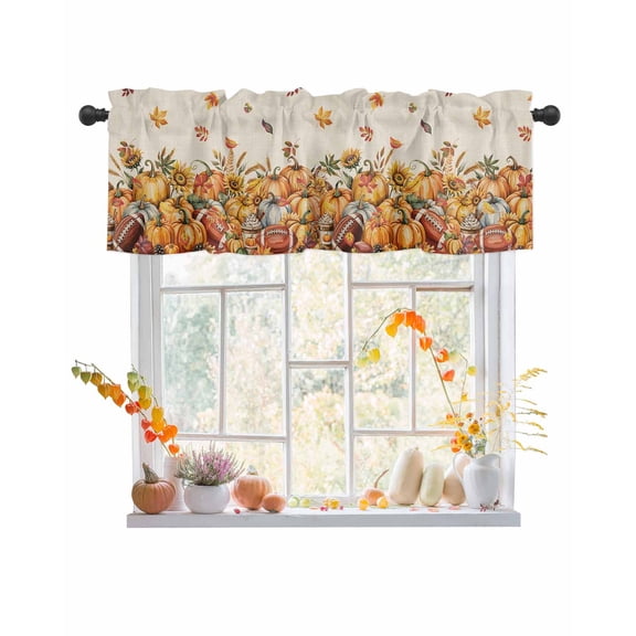 Valances for Windows, Vintage Fall Yellow Pumpkin Rugby Flowers Linen Texture Rod Pocket Short Window Valance Curtains Holiday Window Treatment for Kitchen Living Room Bathroom, 60"x18"