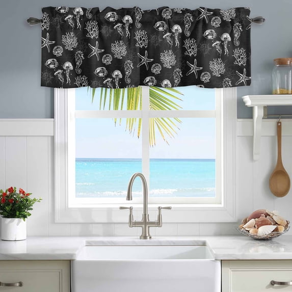 Valances for Windows Vintage Ocean Coral Seahorse Starfish Shell Rod Pocket Short Curtain for Bathroom Living Room Bedroom Black Theme 1 Panel 54x18in
