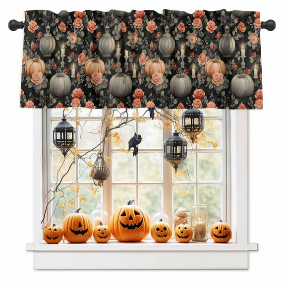 Valances for Windows Vintage Pumpkin Flower Candle Rod Pocket Short Curtain for bathroom living room bedroom Autumn Plant Rose on Black 1 Panel 42x12in