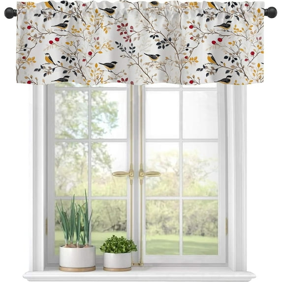 Valances for Windows,Watercolor Bird On Branch Semi Sheer Valances Windows Curtain, Rod Pocket Short Window Treatment Light Filtering Decor Valances for Kitchen Living Room Bedroom - 54"x18"