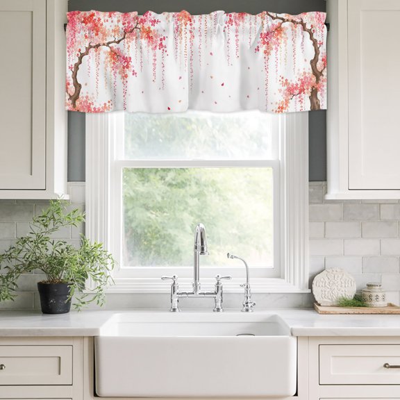 Valances for Windows,Watercolor Cherry Blossom Kitchen Curtain Valance Short Rod Pocket Panels Pink Coral Flower Petals Small Window Treatment for Living Room Bedroom Bathroom,42"Wx12"L