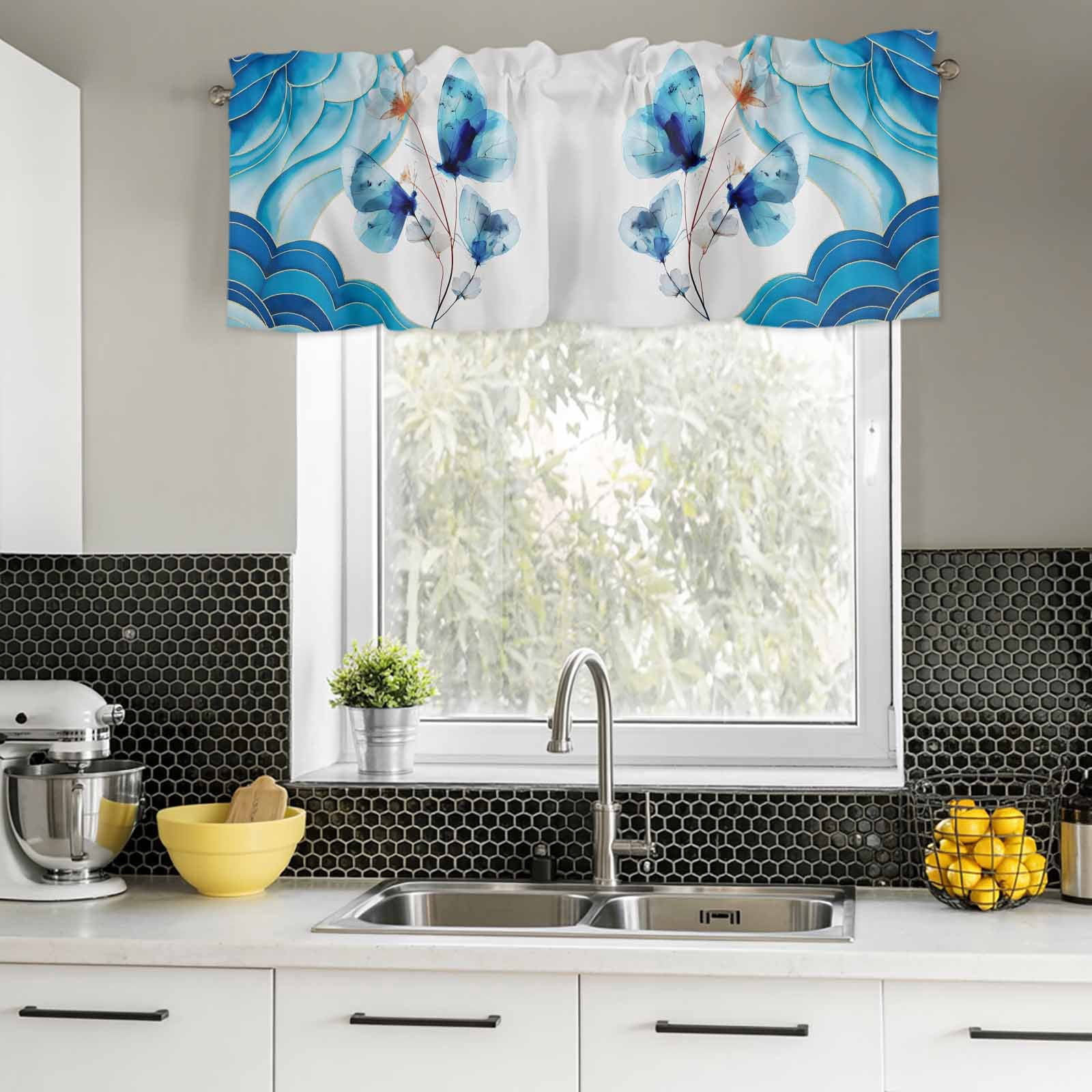 Rod Wave Fall Valances for Windows,Watercolor Flower Butterfly Kitchen Curtain ...