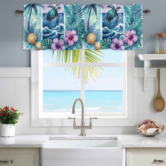 Valances for Windows Watercolor Ocean Turtle Flower Rod Pocket Short Curtain for Bathroom Living Room Bedroom Shell Hibiscus Monstera Plant 1 Panel 42x12in