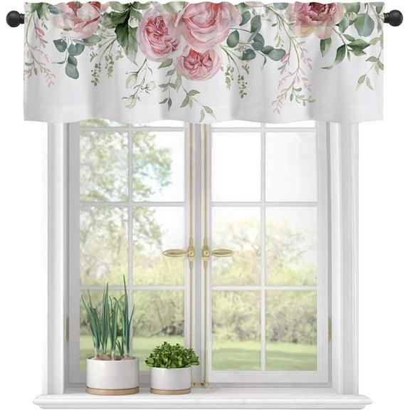 Valances for Windows,Watercolor Pink Flowers and Eucalyptus Semi Sheer Valances Windows Curtain,Rod Pocket Short Window Treatment Light Filtering Decor Valances for Kitchen Living Room Bedroom-54"x18"