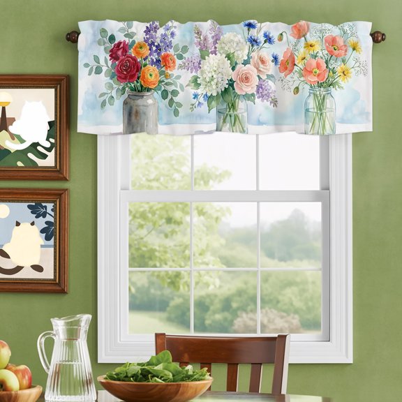 Valances for Windows,Watercolor Spring Flower Bouquet Kitchen Curtain Valance Short Rod Pocket Panels Hydrangea Floral Vase Small Window Treatment for Living Room Bedroom Bathroom,42"Wx12"L