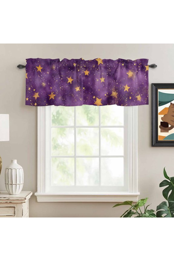 Valances for Windows,Watercolor Starry Sky on Purple Kitchen Curtain Valance Short Rod Pocket Panels Dream Seamless Gold Star Small Window Treatment for Living Room Bedroom Bathroom,54"Wx18"L