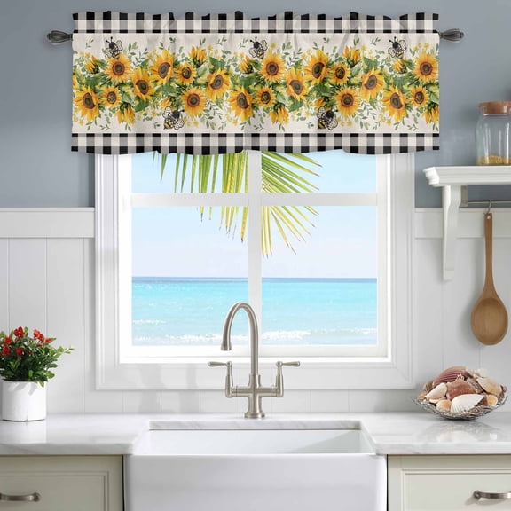 Valances for Windows Watercolor Sunflower Bee Green Leaves Rod Pocket Short Curtain for Bathroom Living Room Bedroom Black Buffalo Plaid 1 Panel 42x12in