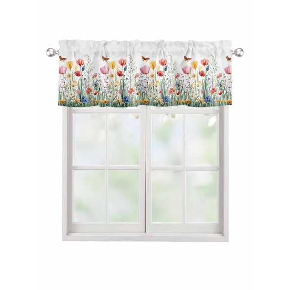 Valances for Windows Wildflower Watercolor Rod Pocket Cafe Window Treatments Valance Curtains for Kitchen Bathroom Laundry Basement Windows 42"x12"