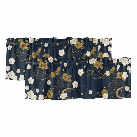 Valances for Windows, Yellow Flower Valance Curtains Blackout Drapes for Kitchen/Bathroom/Cafe, Japanese Style Floral Leaf Textured Navy Blue Rod Pocket Window Toppers Valances 2 Pack 42''x18''