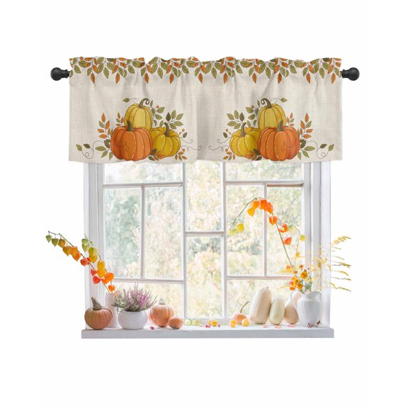 Valances for Windows, Yellow Orange Pumpkin Retro Fall Leaf Cartoon Thanksgiving Rod Pocket Short Window Valance Curtains Holiday Window Treatment for Kitchen Living Room Bathroom, 54"x18"