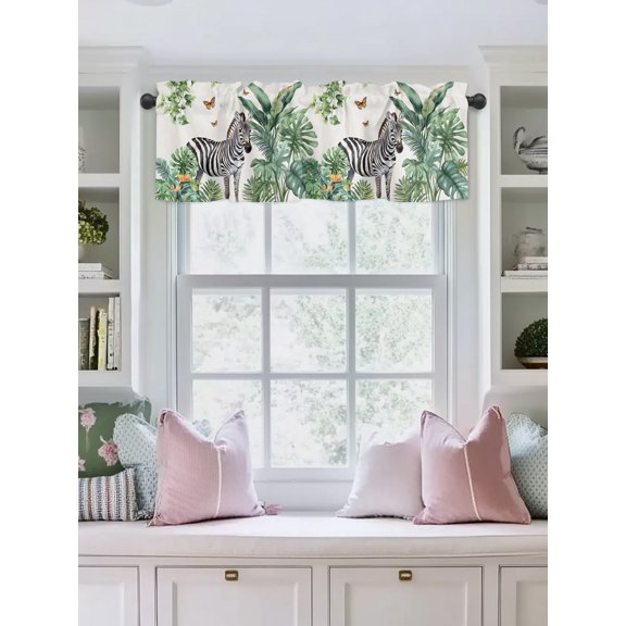 Valances for Windows,Zebra Tropical Leaves Jungle Kitchen Curtain Valance Short Rod Pocket Panels Black Stripes Animal Portrait Small Window Treatment for Living Room Bedroom Bathroom,42"Wx12"L