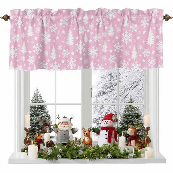 Valances for Windows Abstract Geometric Tree Star Rod Pocket Short Curtain for bathroom living room bedroom Winter Snowflake on Pink 1 Panel 42x12in