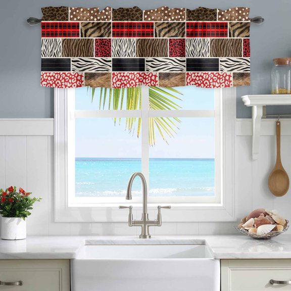 Valances for Windows Animal Fur Print Pattern Rod Pocket Short Curtain for Bathroom Living Room Bedroom Leopard Zebra Red Black Plaid 1 Panel 42x12in