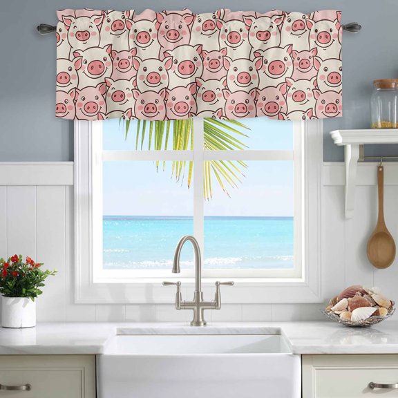 Valances for Windows Cartoon Funny Cute Pink Pig Rod Pocket Short Curtain for Bathroom Living Room Bedroom Abstract Seamless Animals 1 Panel 54x18in