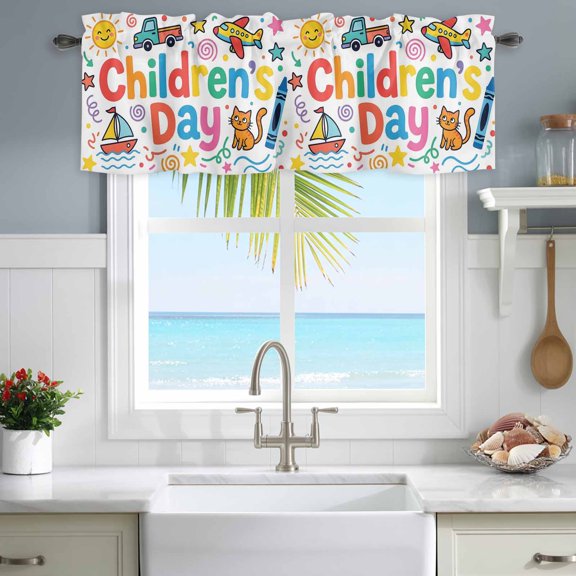 Valances for Windows Children's Day Trucks Sailboats Crayons Rod Pocket Short Curtain for Bathroom Living Room Bedroom Cartoons Cats 1 Panel 54x18in