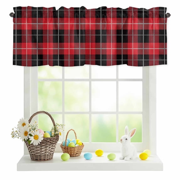 Valances for Windows Christmas Black Red Buffalo Plaid Rod Pocket Short Curtain for Bathroom Living Room Bedroom Classic Checker Grid 1 Panel 54x18in