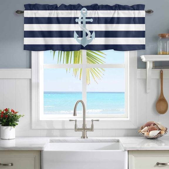 Valances for Windows Classic Nautical Anchor Rod Pocket Short Curtain for Bathroom Living Room Bedroom Navy Blue White Striped 1 Panel 42x12in