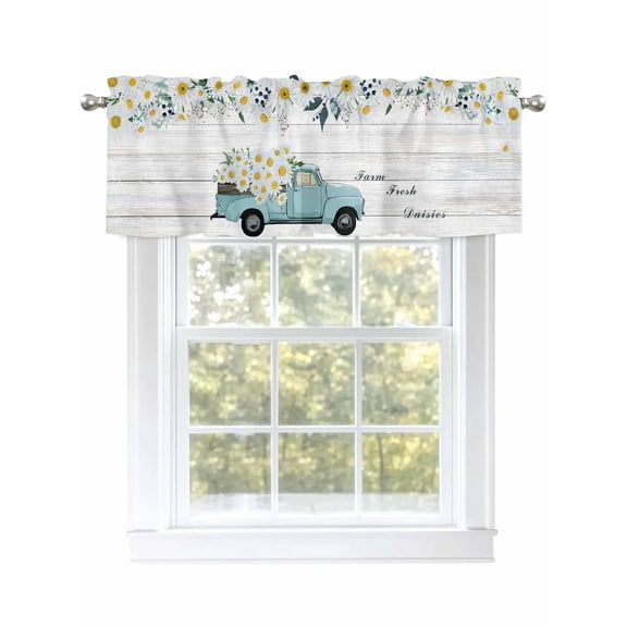 Valances for Windows Country Daisy Flower Farm Truck Rod Pocket Short Curtain for Bathroom Living Room Bedroom Vintage Wooden Board 1 Panel 42x12in
